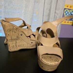 G by Guess Sandals Womens 8.5 Brown Cork Wedge Strappy Buckle Open Toe Summer$30
